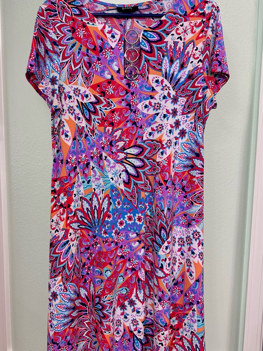 MSK Paisley-Print Midi Dress in Pink, Red, Blue, Purple & Cream, Ring Detail
